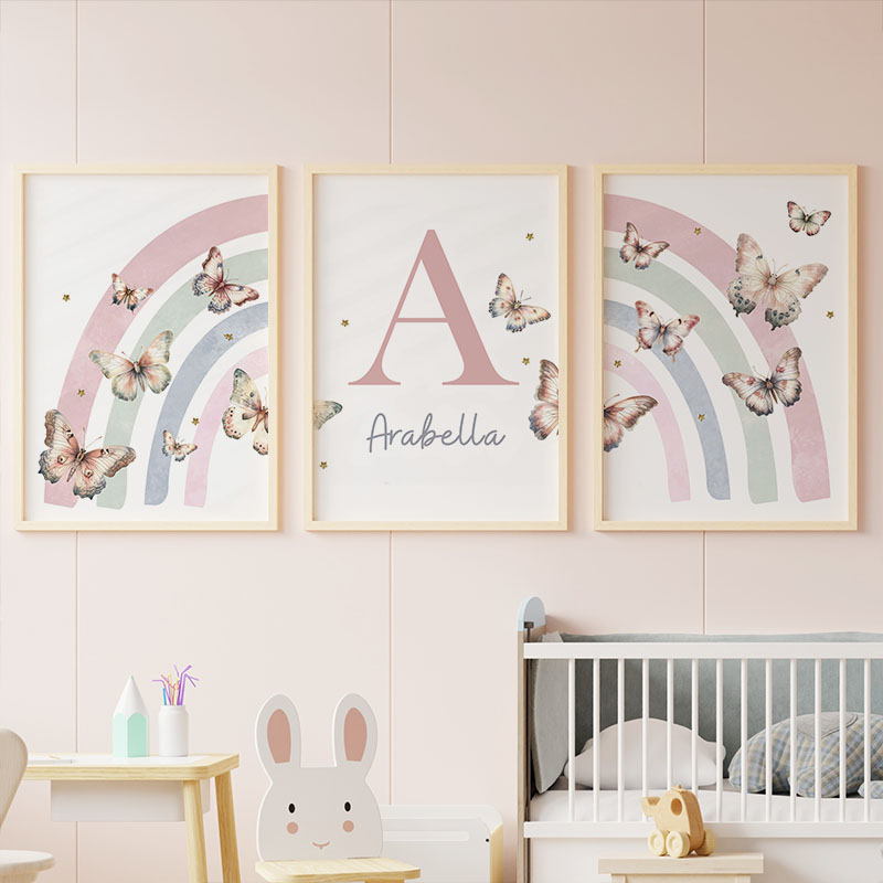 Baby Nursery Decor Girl - ピンク虹蝶カスタム赤ちゃんの名前壁アート保育園キャンバスプリント絵画水彩ポスター写真女の子キッズルームの装飾
