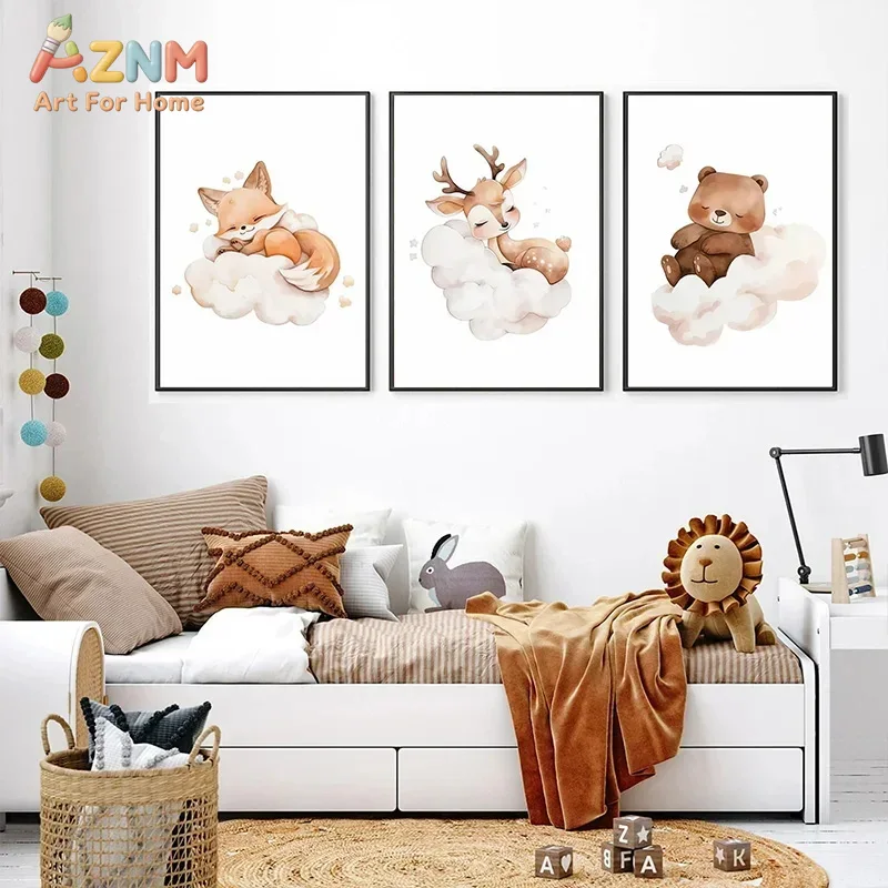 AZNM 水彩画風の森の動物たちのキャンバスプリント、フレー - Baby Nursery Frames のレビューと価格