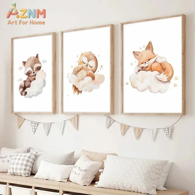 AZNM 水彩画風の森の動物たちのキャンバスプリント、フレー - Baby Nursery Frames のレビューと価格